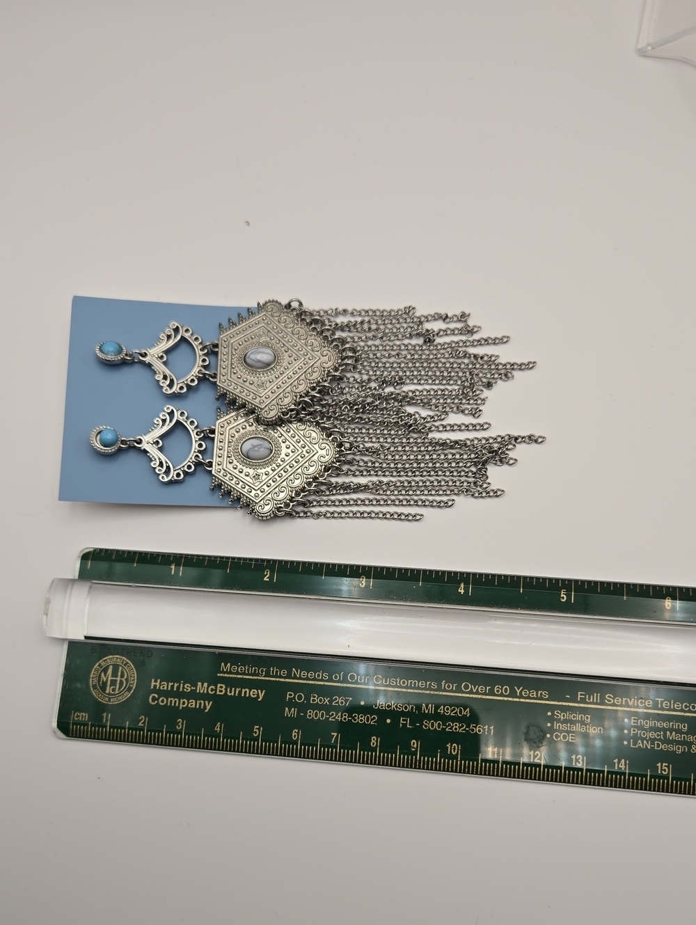 Vintage Silver Filigree Chandelier Earrings with Fuax Turquoise Studs - Picture 14 of 15